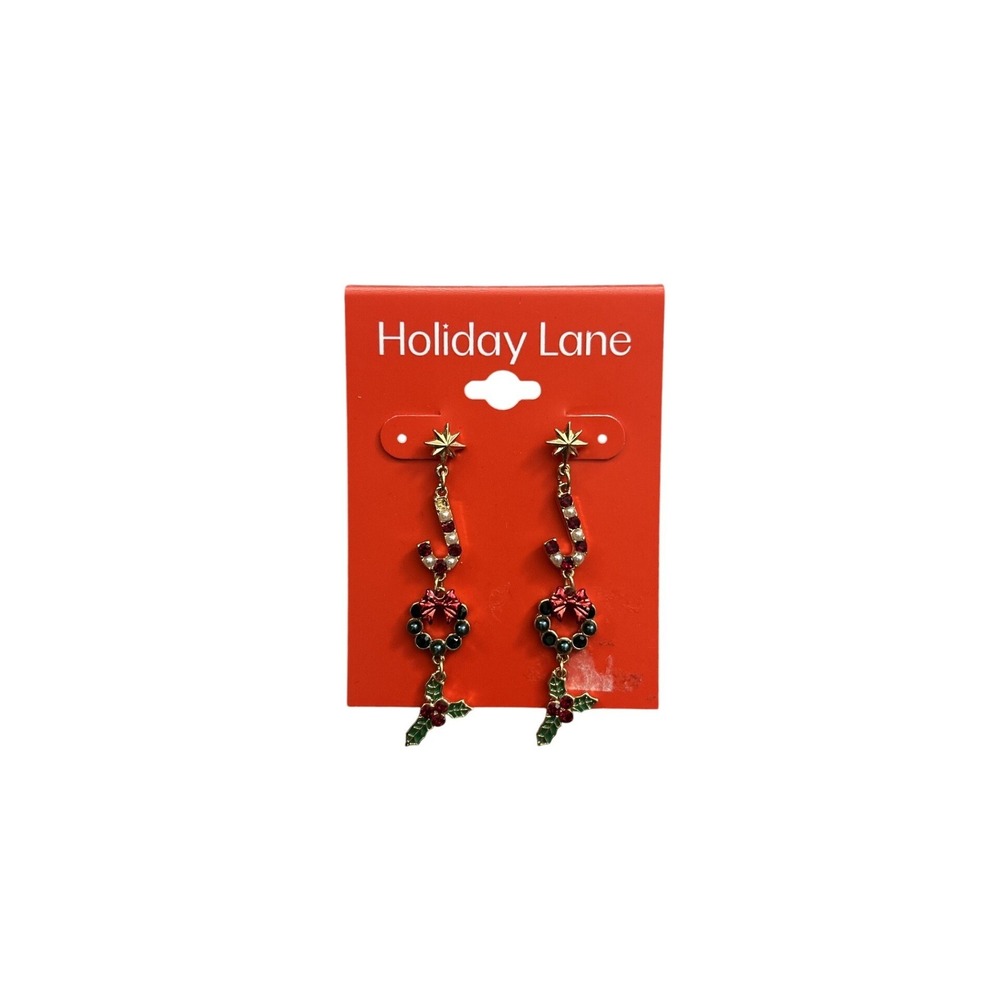 Holiday Lane Drop Earrings Womens OS Red Green‎ NEW Christmas Candy Cane Wreath